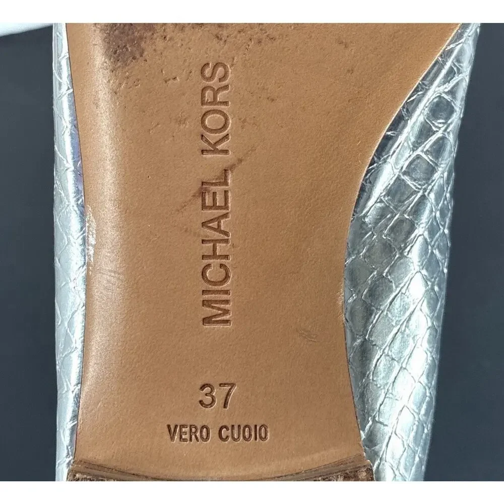 Michael Kors Silver Embossed Stacked Heel Italian sole Minimalist Flat 37 Us 7